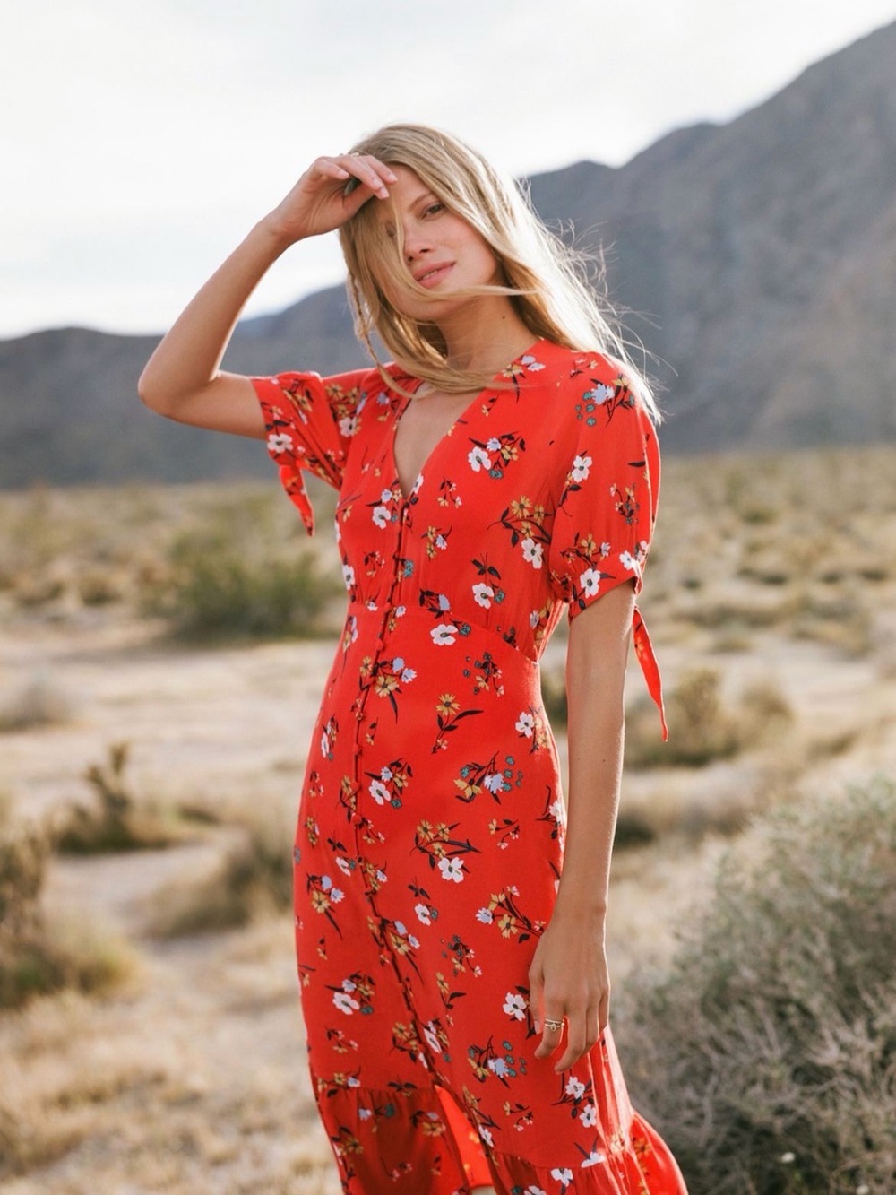 Anthropologie Maeve Red Floral Button-Front Midi Dress